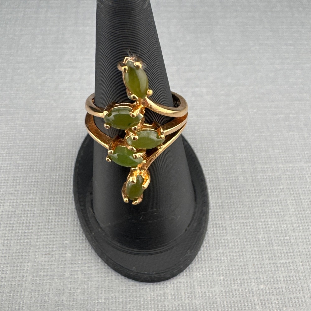 Vintage 18K HGE Marquise Bypass Ring Green Jade Size 5.25 Gold Electroplate